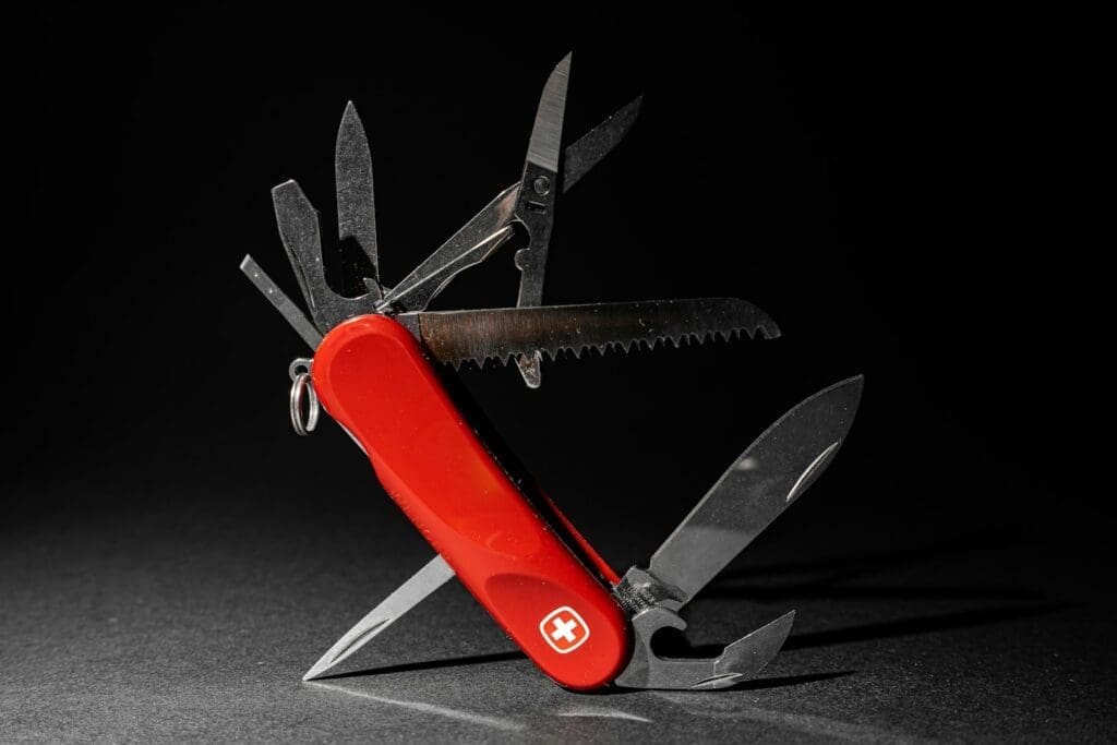 Essential WordPress plugins: a red multi-tool pocket knife with its tools folded out