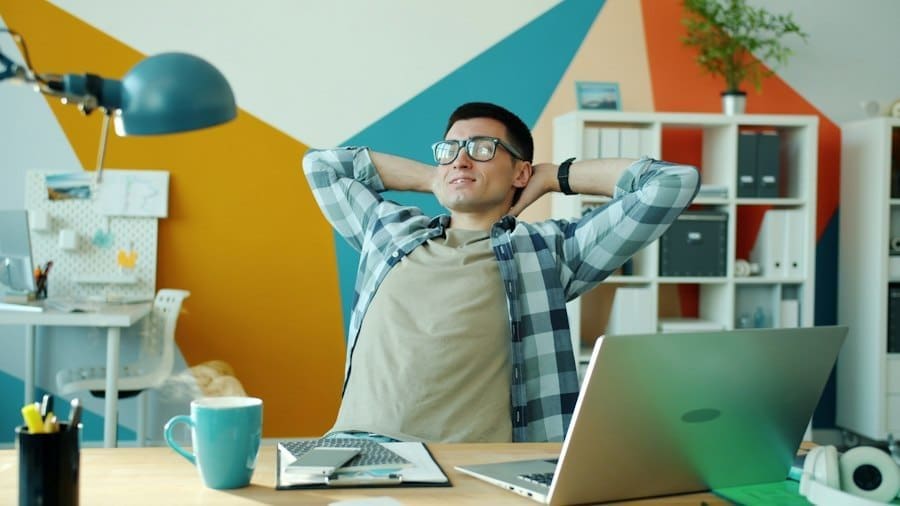 Photo desk worker stretching routine